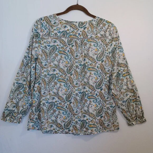 Talbots Top Green Pink Paisley Print‎ Cotton Popover Blouse Womens Large Petite - Picture 3 of 11